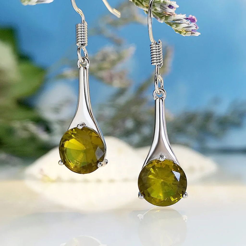 Olive green topaz water drop shape earrings with retro minimalist design and electroplated alloy construction