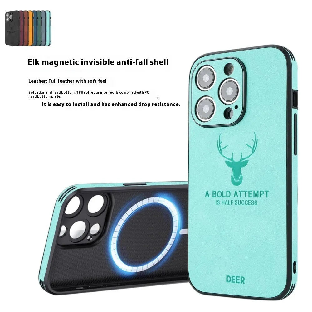 iPhone 16 magnetic charging case with embossed moose head design in imitation leather material, showing front and back views