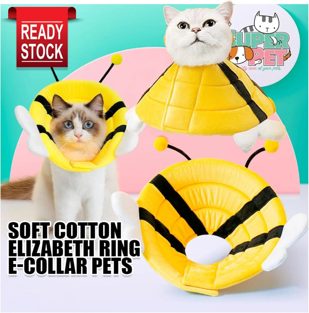 Soft fabric cat cone collar with black and yellow bee design and Velcro closure.