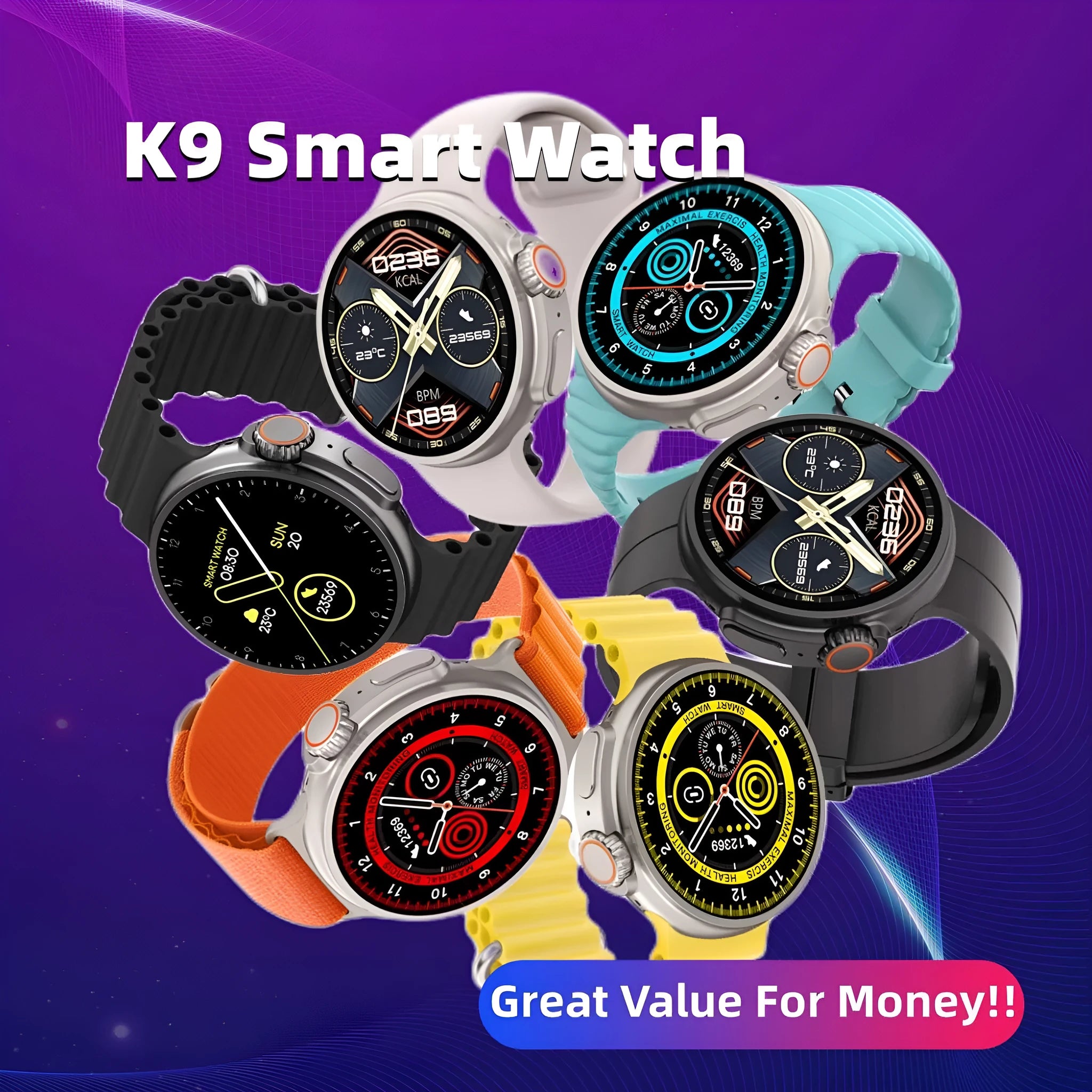 Black K9 smart watch with round screen on a silicone strap, showing a fitness stats dial.