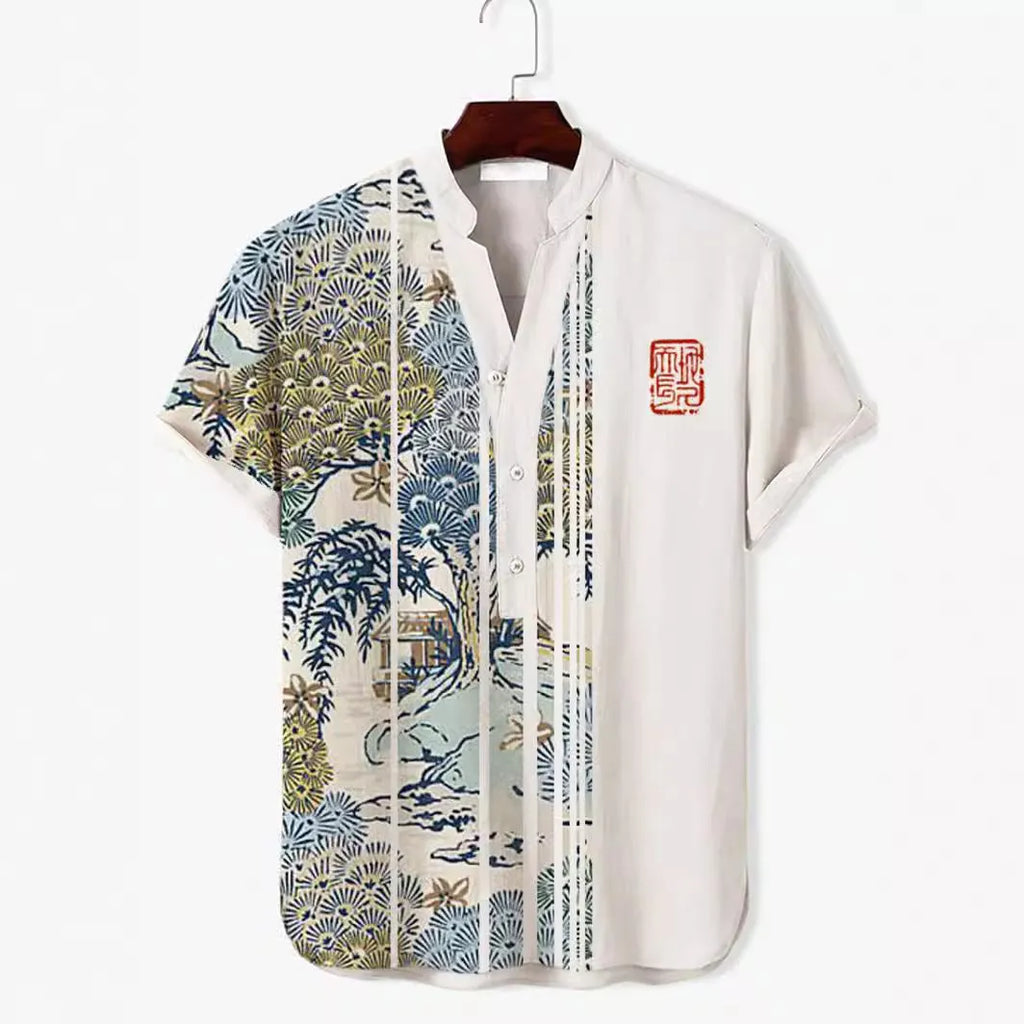 Man wearing a short sleeve shirt with a vivid 3D digital print of an animal graphic.