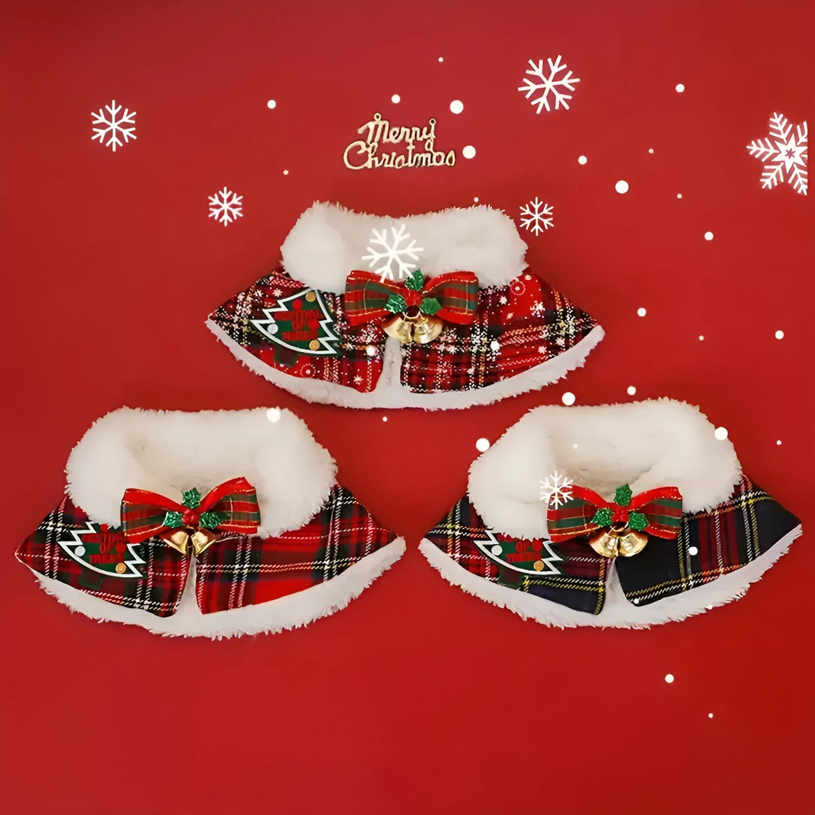 Red pet Christmas scarf with a jingle bell on a dog, showing the polyester fabric and festive design.