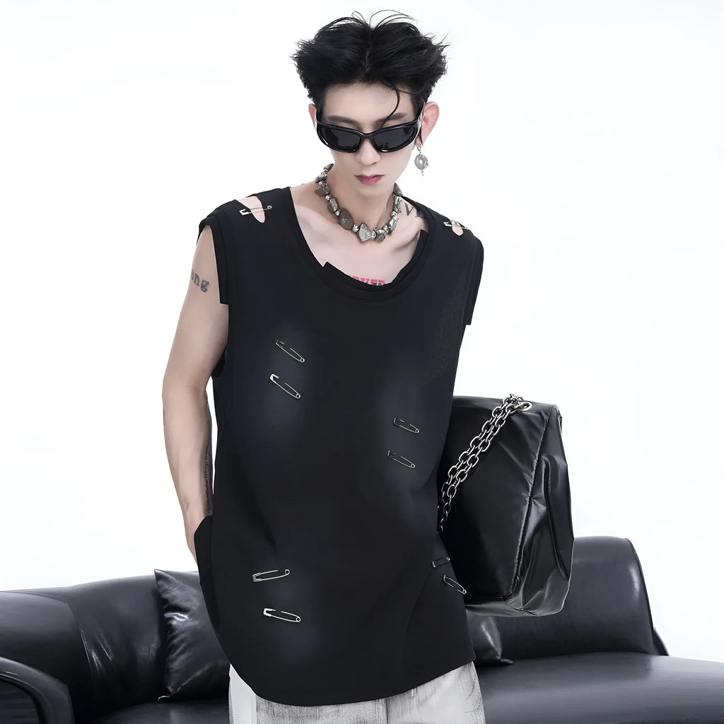 Men's black sleeveless waistcoat vest with irregular ripped cutting piece design and round neck collar
