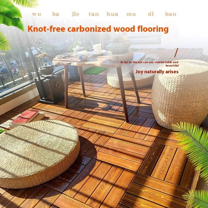 Square pine wood floor panel for balcony with 30cm dimensions and a brushed finish.