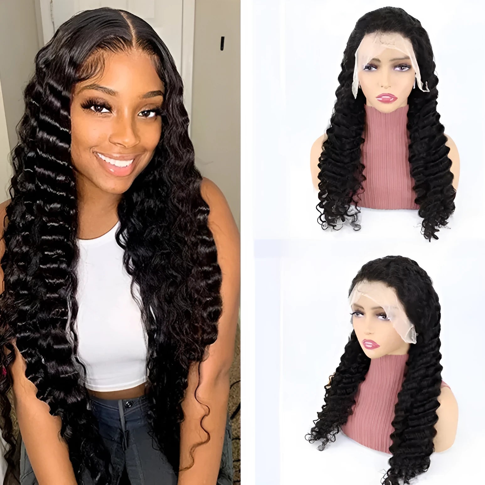 Solid colour human hair half lace wig shown in a long length, demonstrating natural-looking hair strands.