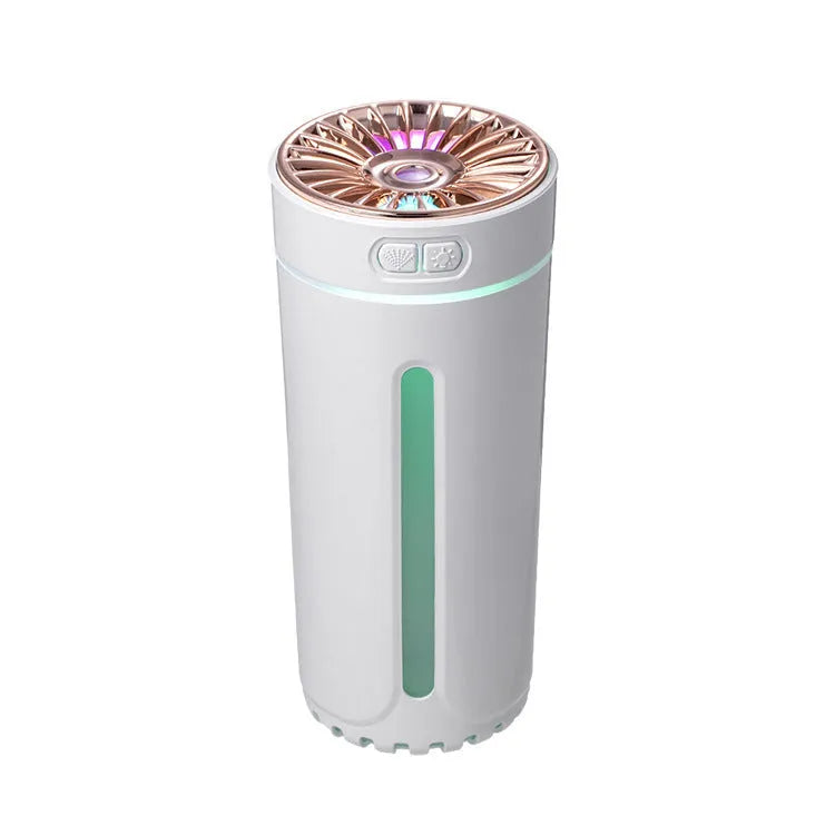 Black portable USB rechargeable humidifier with colourful LED lights and compact design for car or desktop use