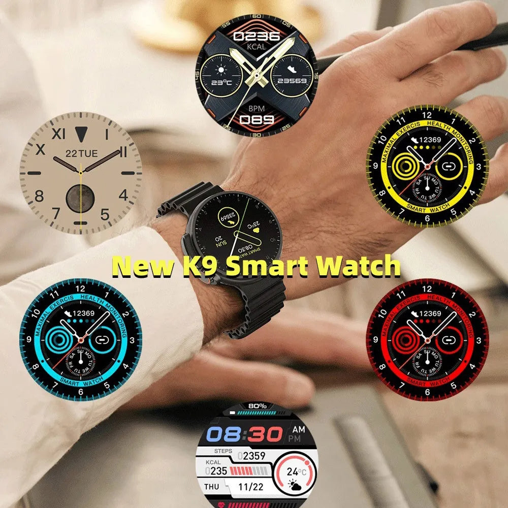 Black K9 smart watch with round screen on a silicone strap, showing a fitness stats dial.
