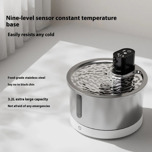 White stainless steel pet water fountain with heating function and nine temperature settings