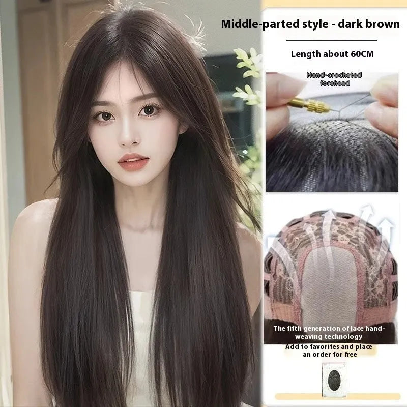 Forehead lace long straight black wig with side bangs in high temperature fibre material
