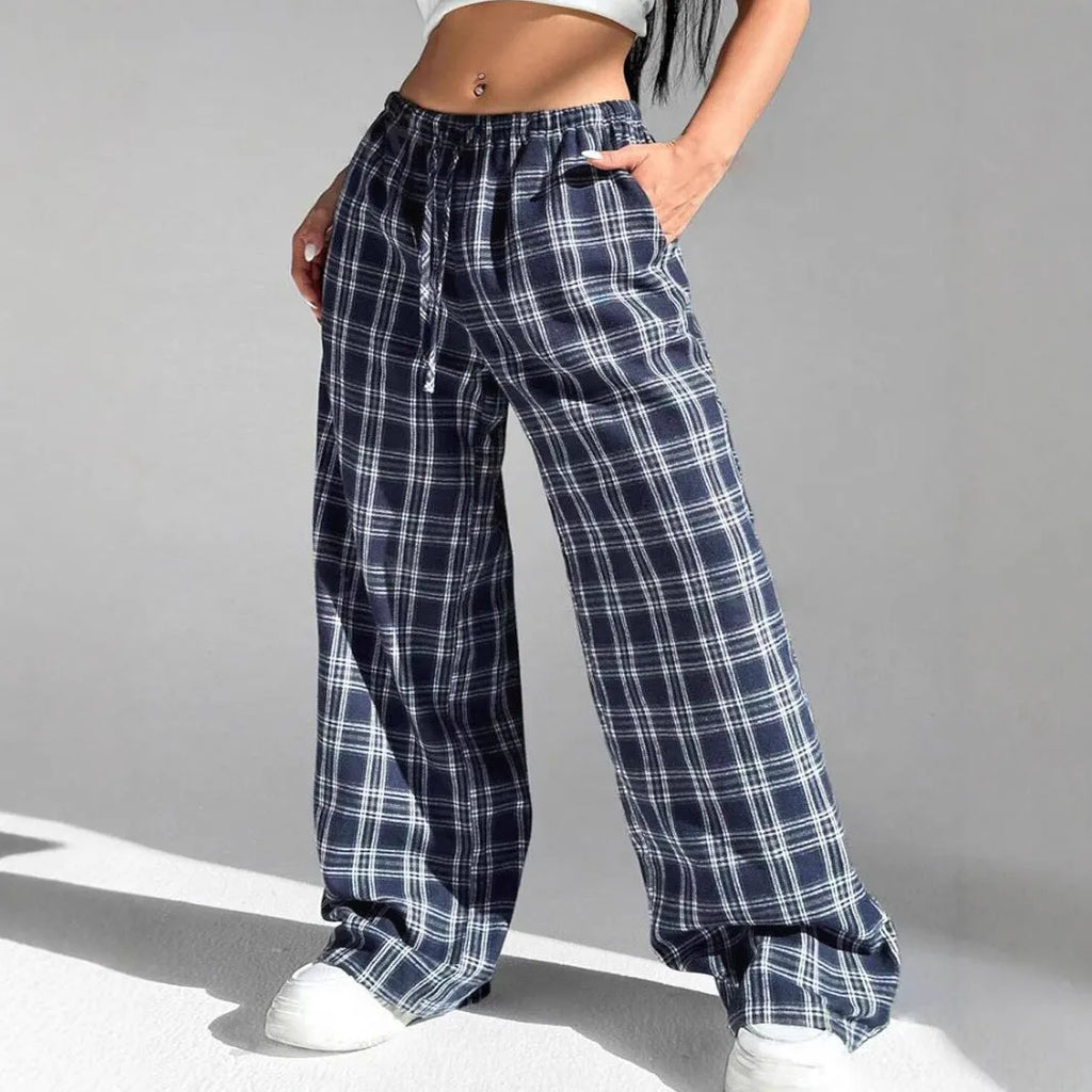 Women's blue plaid casual trousers with elasticated drawstring waist and side pockets