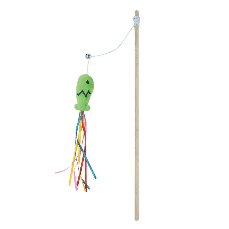 Cat wand toy with colourful ribbons, catnip fish attachment, and bell on wooden handle