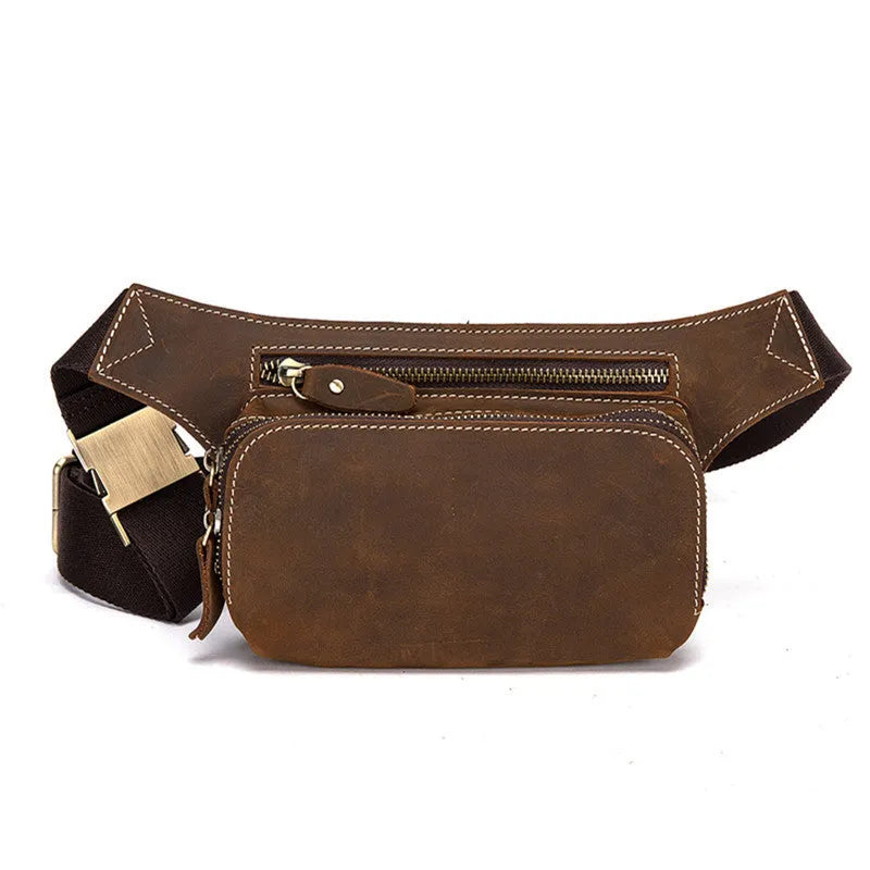 Brown top layer cowhide men's sports waist bag with mobile phone compartment
