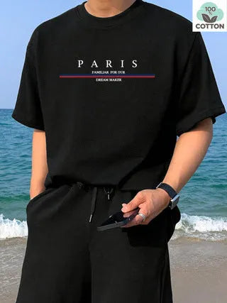 Men's heavy pure cotton short-sleeved t-shirt with letter print in loose fit, shown in apricot colour