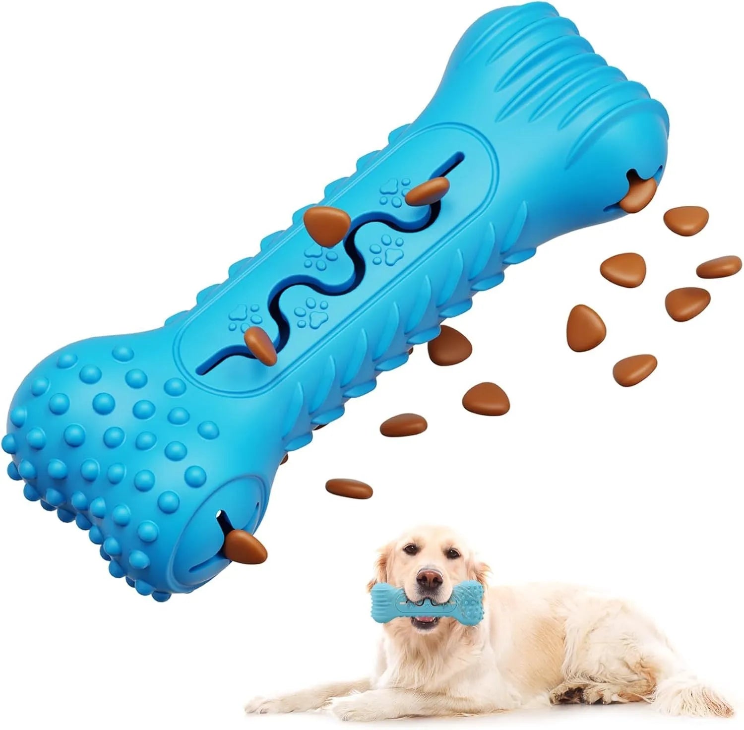 Blue bone-shaped natural rubber dog chew toy with textured surface for teeth cleaning