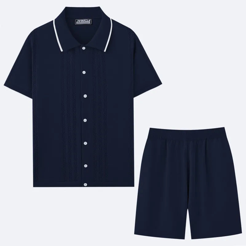 Man wearing a khaki short-sleeve knit top and matching shorts from a business casual two-piece set