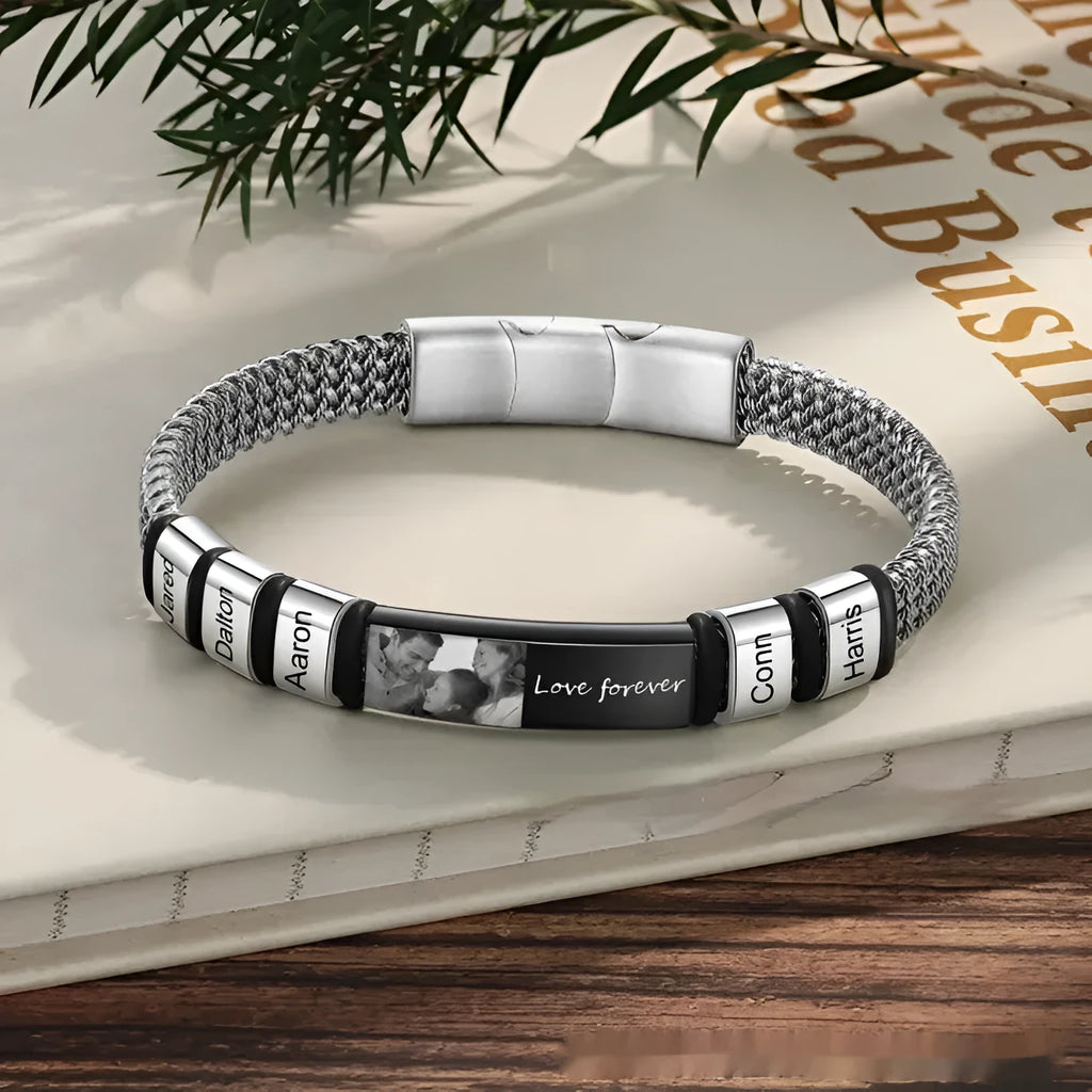 Men's stainless steel and leather rope bracelet with heart-shaped design and bead lettering options