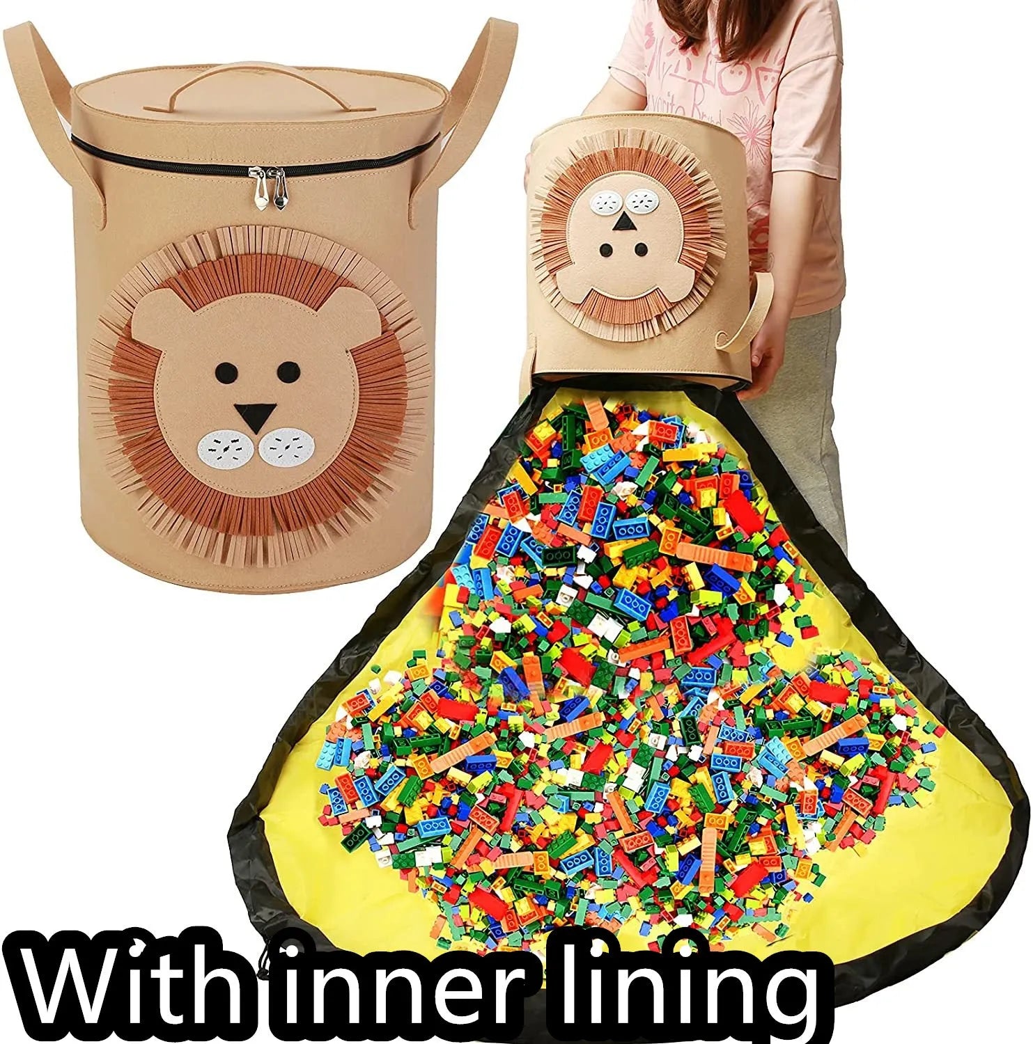 Green felt cube storage bag with pull rope shown as both toy container and play mat