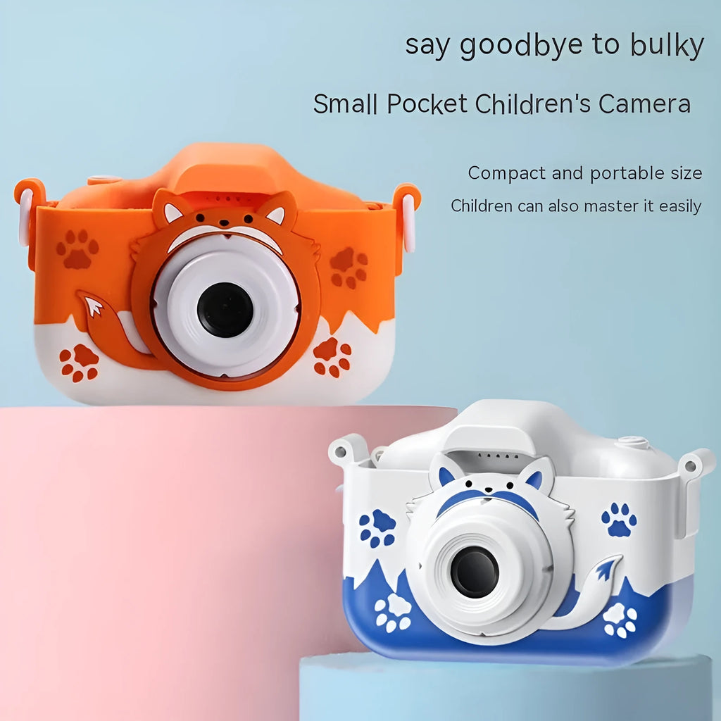 HD cartoon digital camera for children in blue or orange, shown with lanyard.