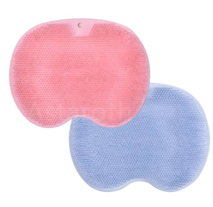 Orange silicone bristle bath brush with suction cups on base, size 23x30cm, for foot and back cleaning.