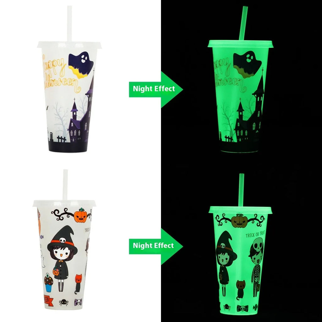Halloween-themed plastic sippy cup with luminous straw showing six colour options