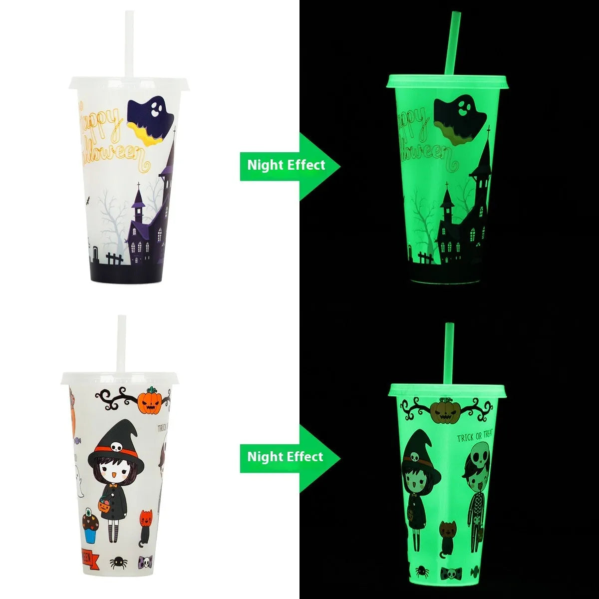 Halloween-themed plastic sippy cup with luminous straw showing six colour options