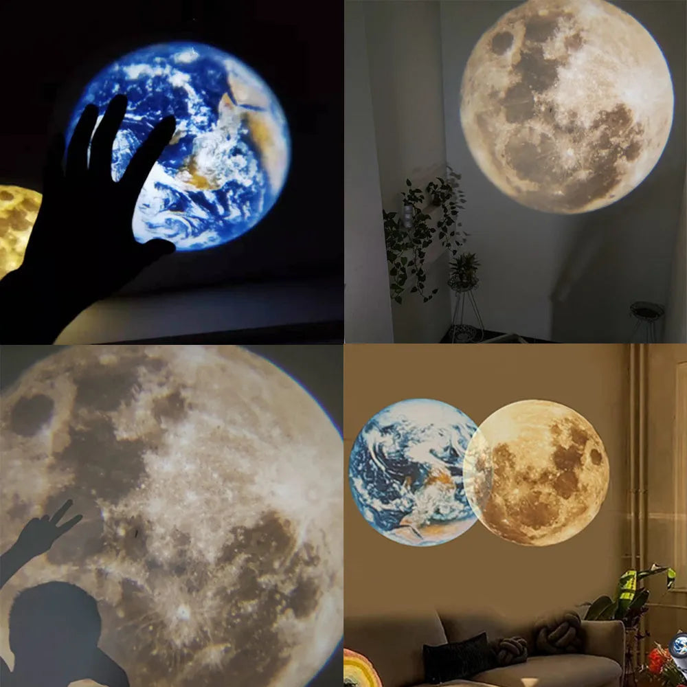 Earth and moon star projection lamp with adjustable bracket showing celestial projection effects