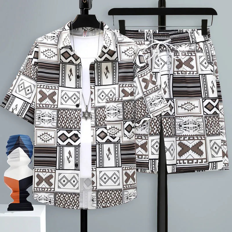 Men's casual sportswear two-piece set with short sleeve top and matching shorts in polyester fabric