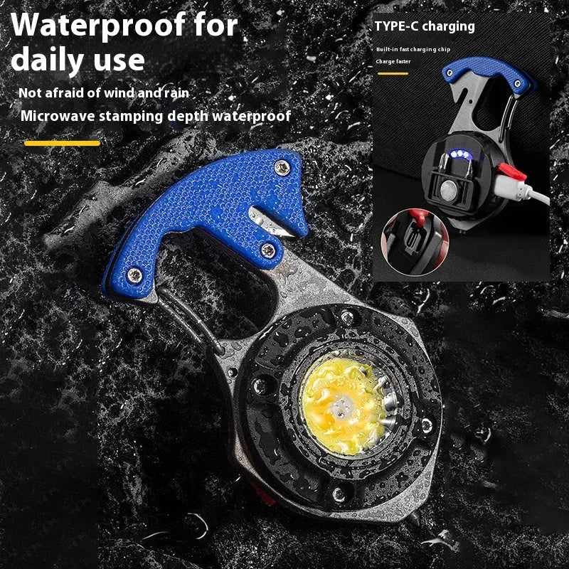 Compact multifunctional keychain torch showing COB light array, keyring, and built-in window breaker and screwdriver tools.