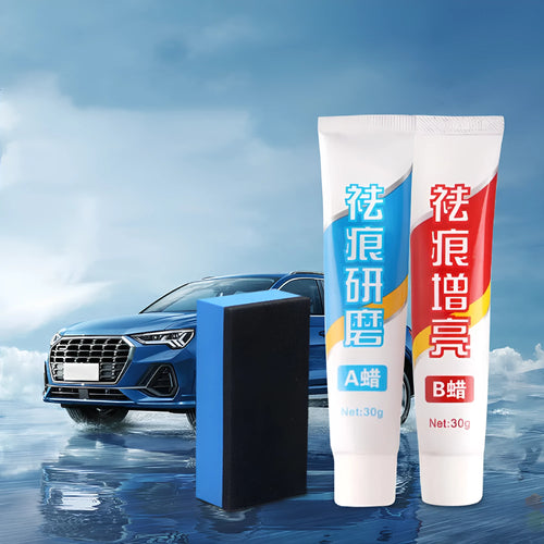 Car scratch repair wax kit with two bottles (A wax and B wax) and a frosted sponge applicator