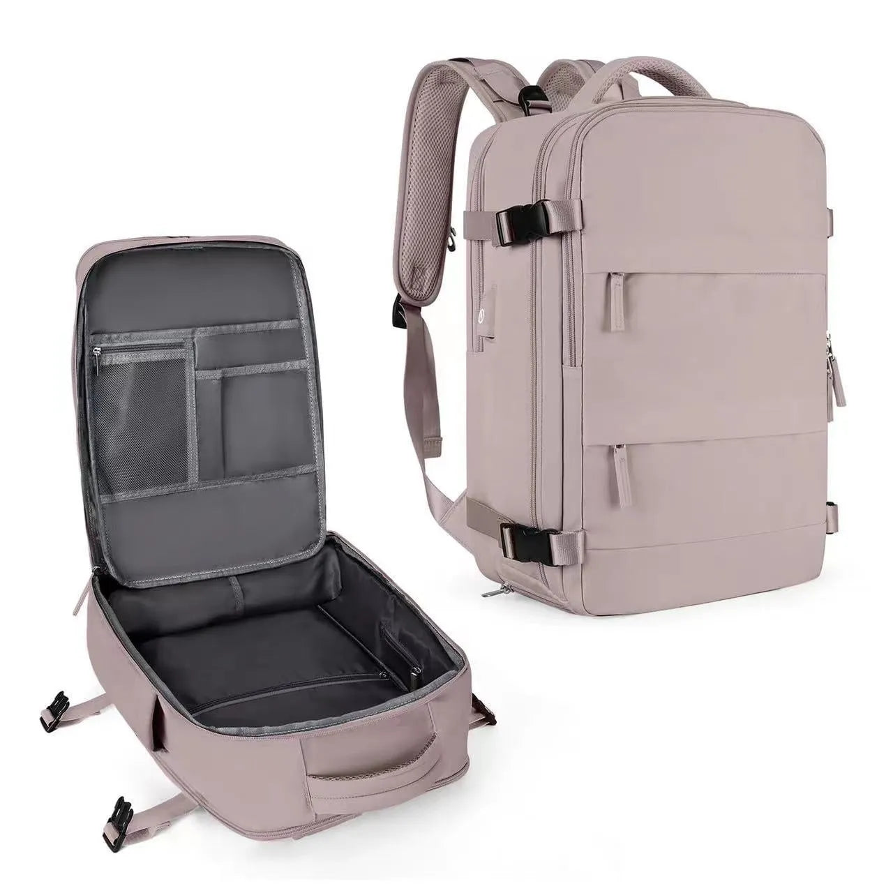 Large black waterproof nylon mummy backpack with zipped compartments.