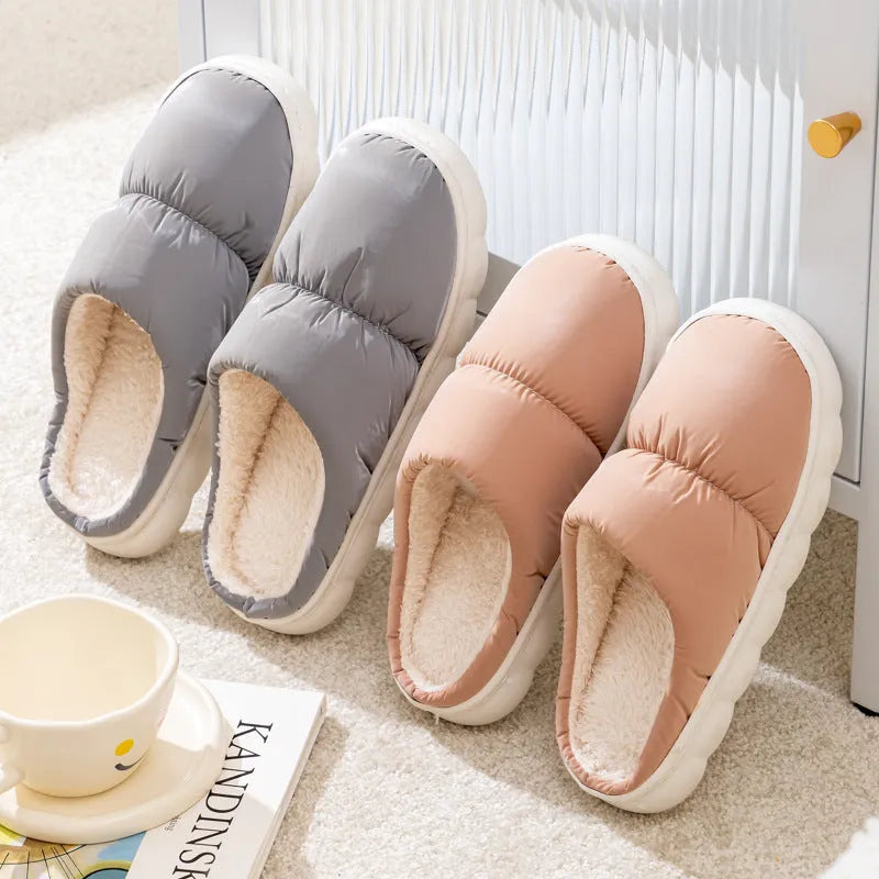 Down cotton plush slippers with thick rubber soles in blue, green, grey, pink, or yellow colours
