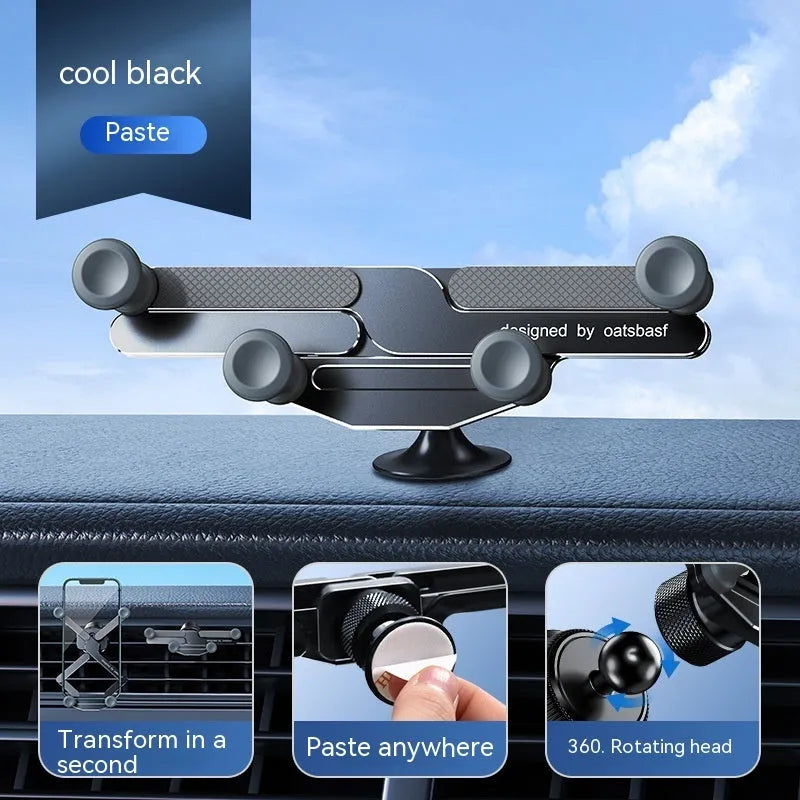Aluminium alloy car phone mount bracket showing air vent and paste mounting versions in three colours