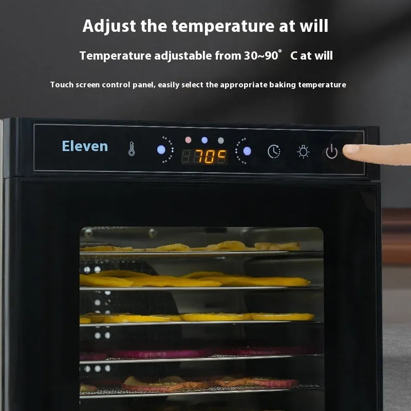 Stainless steel fruit dehydrator with transparent skylight showing drying trays inside