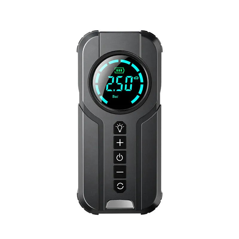 Black portable wireless car tyre inflator with digital display, 6000mAh battery, and a kit of nozzle attachments on a grey background.