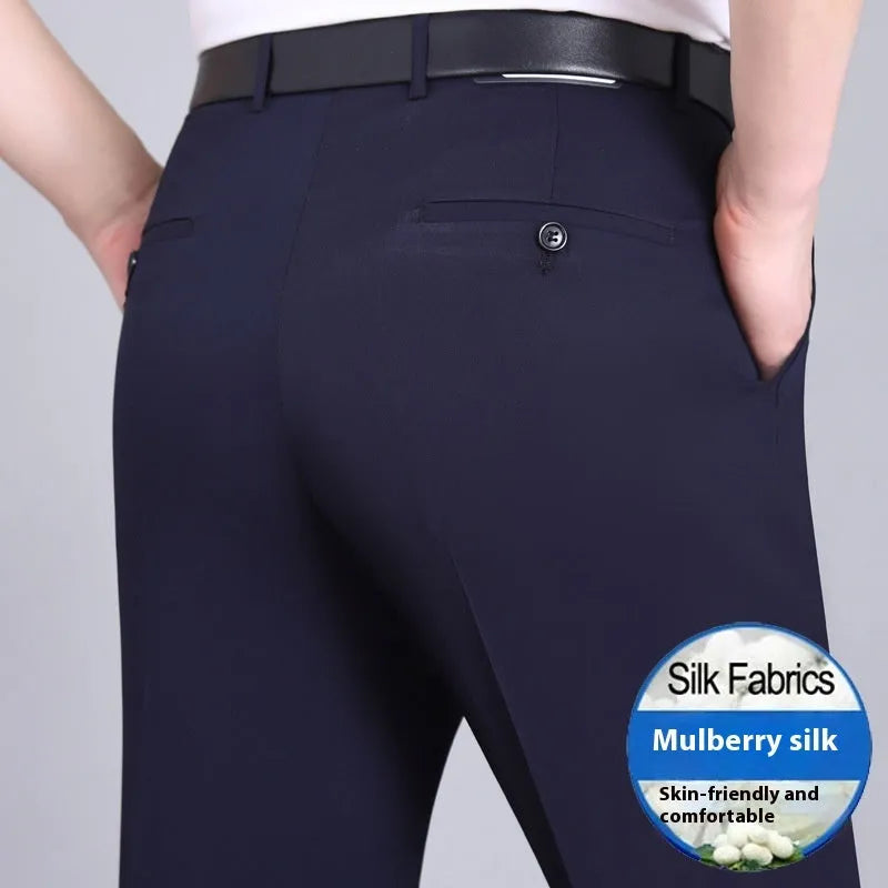 Men's straight fit mulberry silk blend business trousers with high waist in dark blue colour