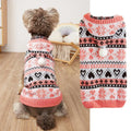 Pink, blue, and grey striped camouflage pattern acrylic knitted dog jumper on a small dog.