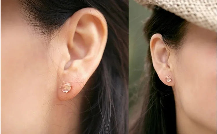 Women's rose gold drop stud earrings with synthetic quartz crystal inlay, Korean minimal style.