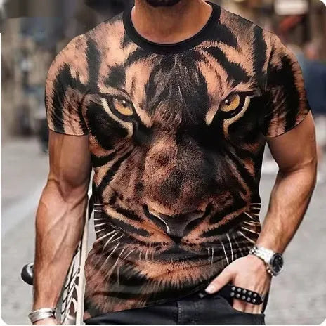 Men's black t-shirt with a detailed 3D fierce lion print on the front