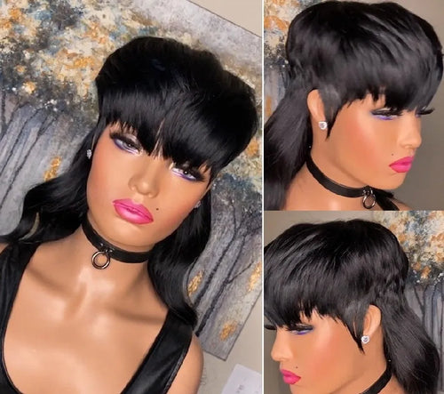 T7262 Black synthetic Brazilian wig with long straight hair and front bangs.