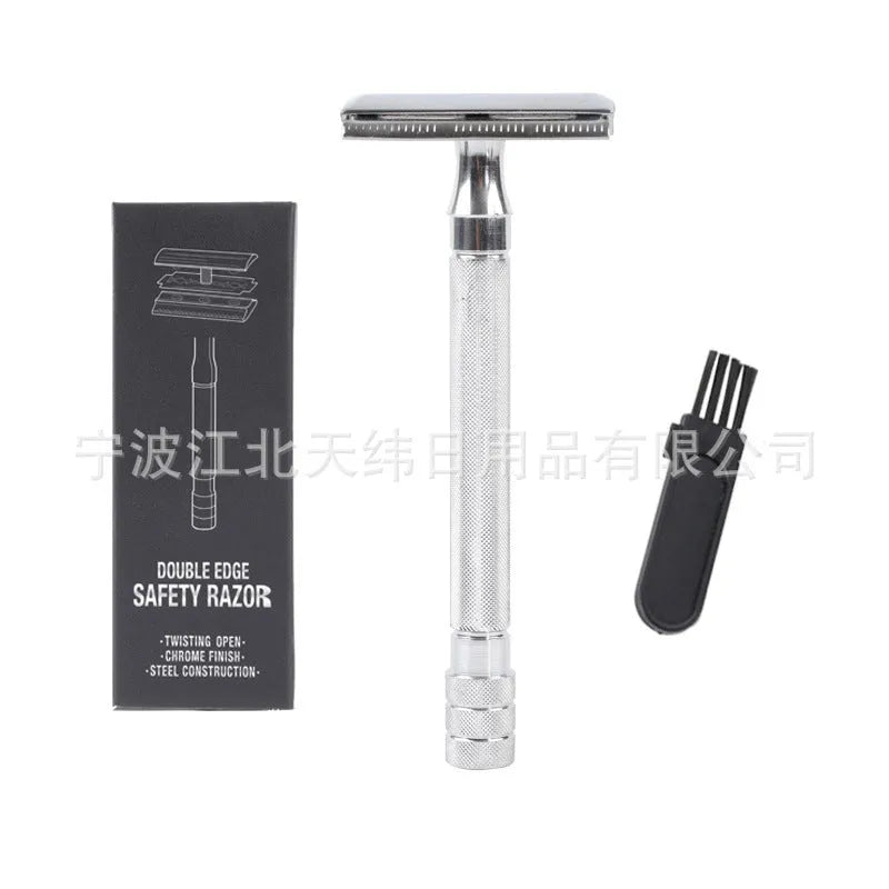 Traditional manual shaving razor with brush set in black or silver finish