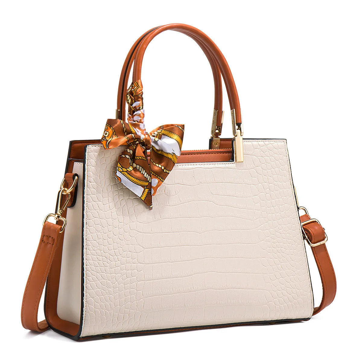 Milky white women's large square shoulder handbag made of PU with visible stitching and an external slit pocket.
