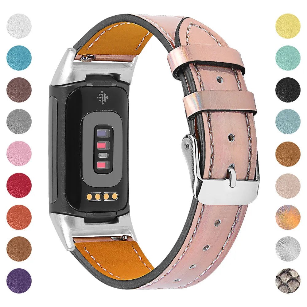Genuine leather replacement strap for Fitbit Charge 5 and Charge 6 smartwatches in multiple colour options.