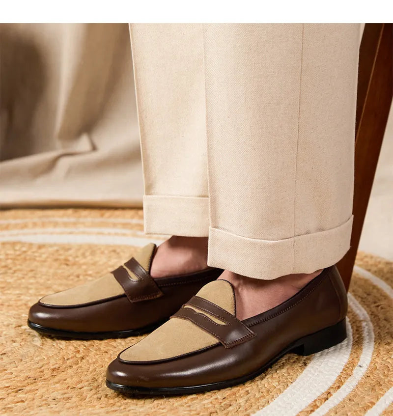 Coffee grey Belgian loafers with high-gloss suede leather uppers and rubber soles