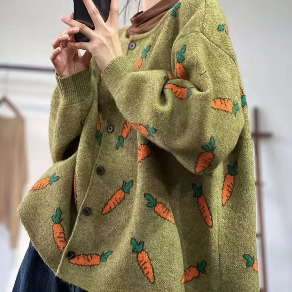 Round neck mori artistic printing cardigan sweater with colour contrast loose casual fit
