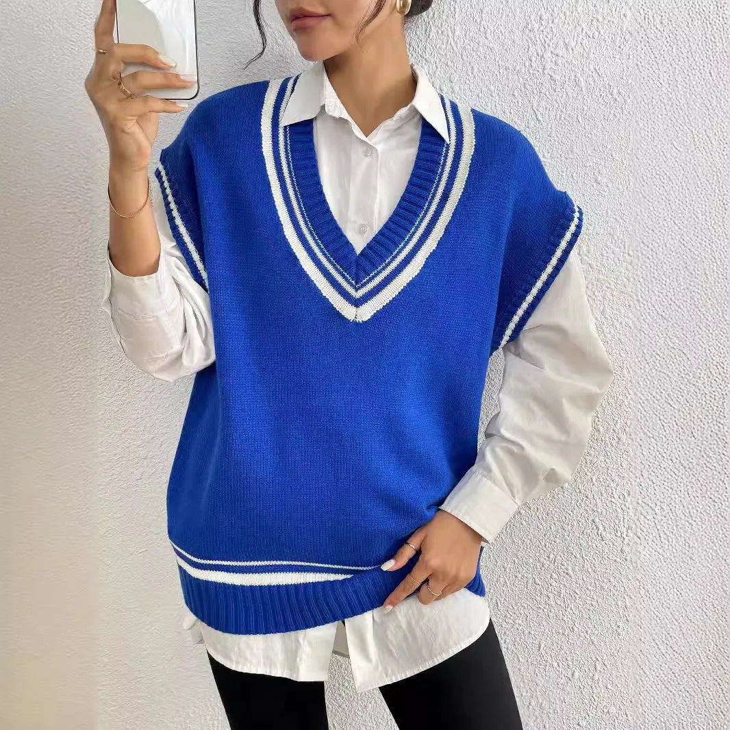 Women's casual acrylic vest sweater in loose fit with college-style design