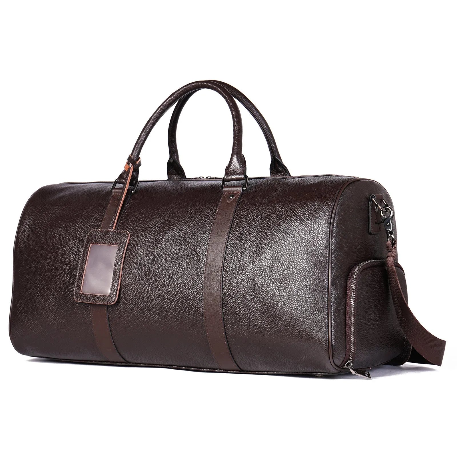 Men's black leather tote bag with single shoulder strap showing 20L capacity