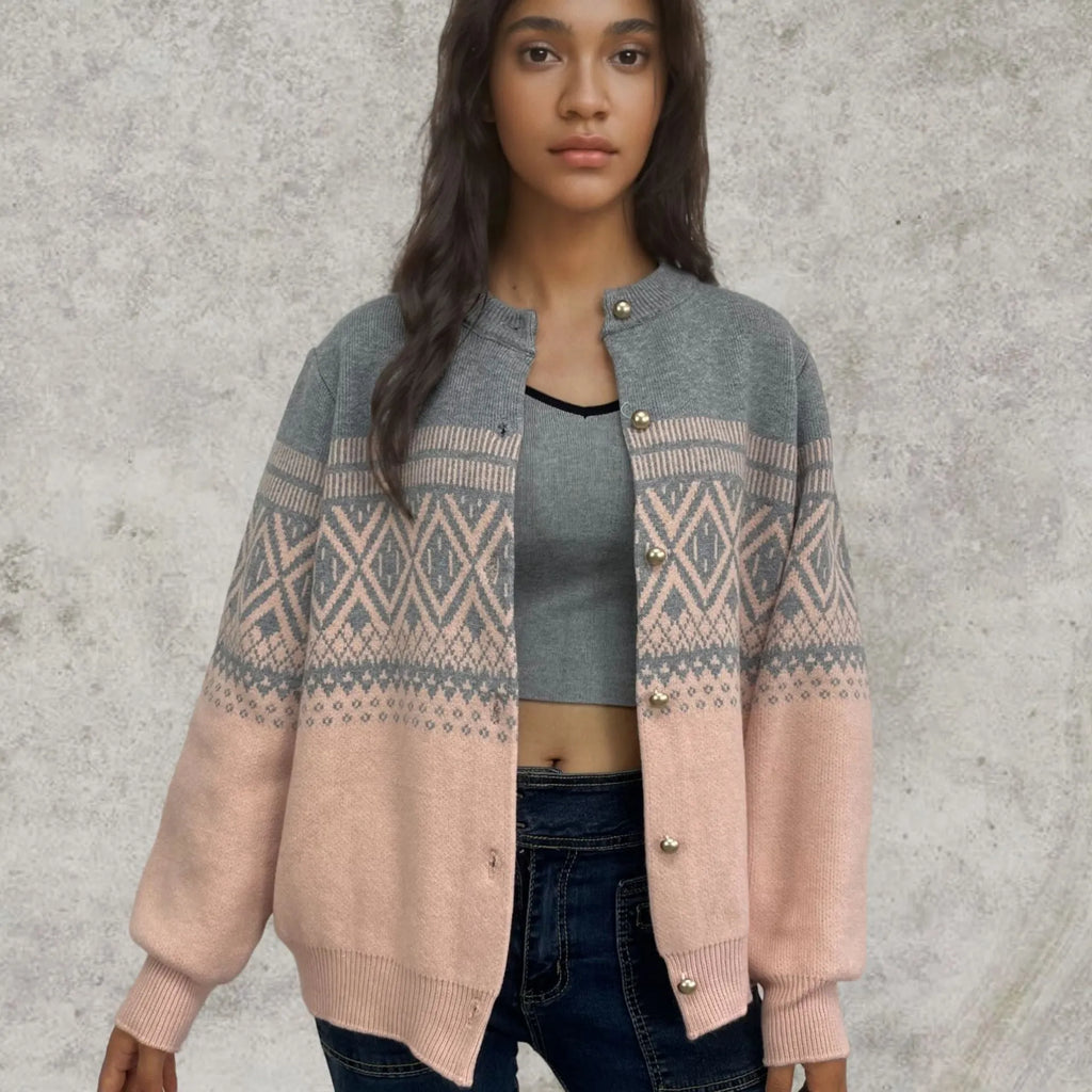 Women's red alpaca wool cardigan with diamond pattern and long sleeves