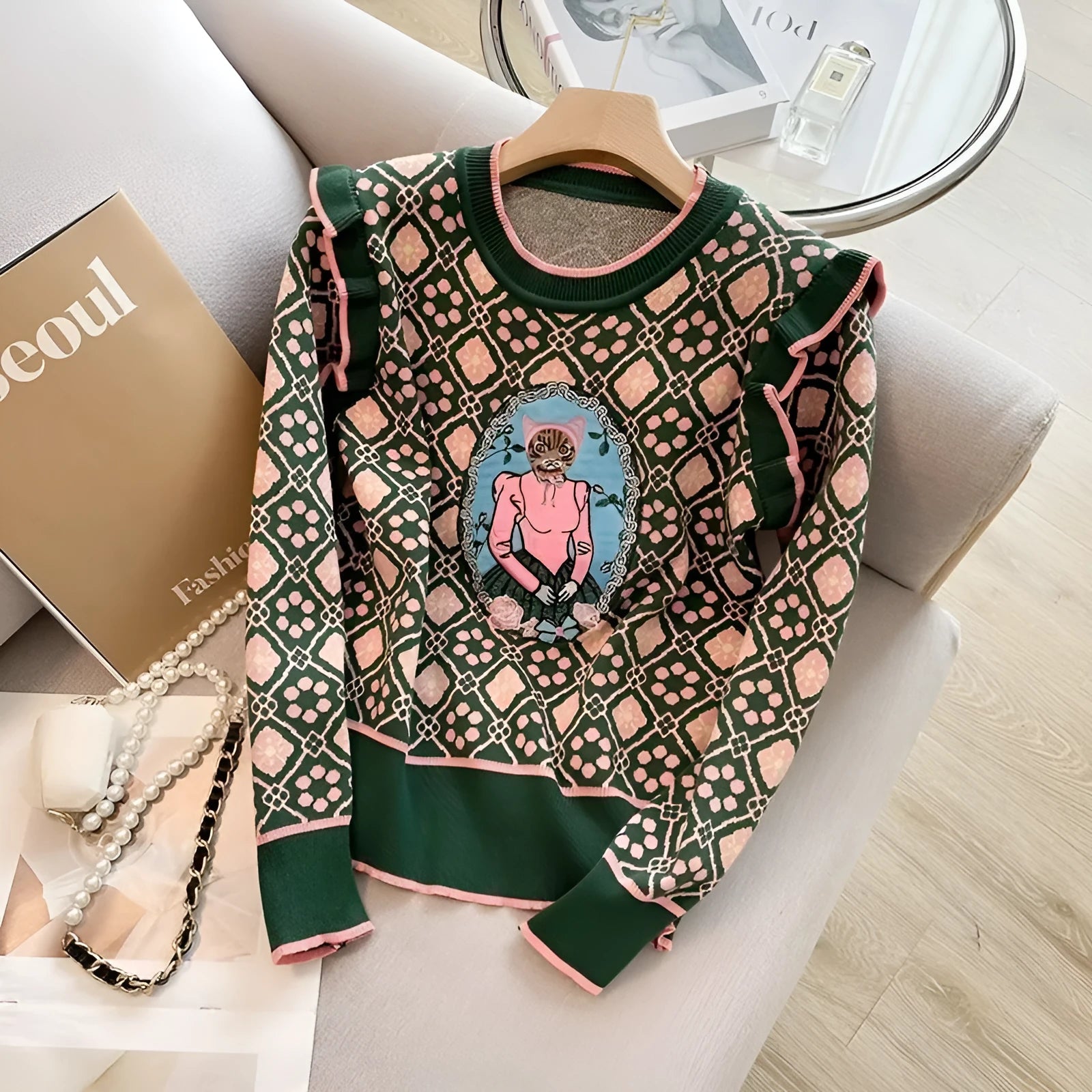 Green printed women's sweater with loose fit and regular sleeves
