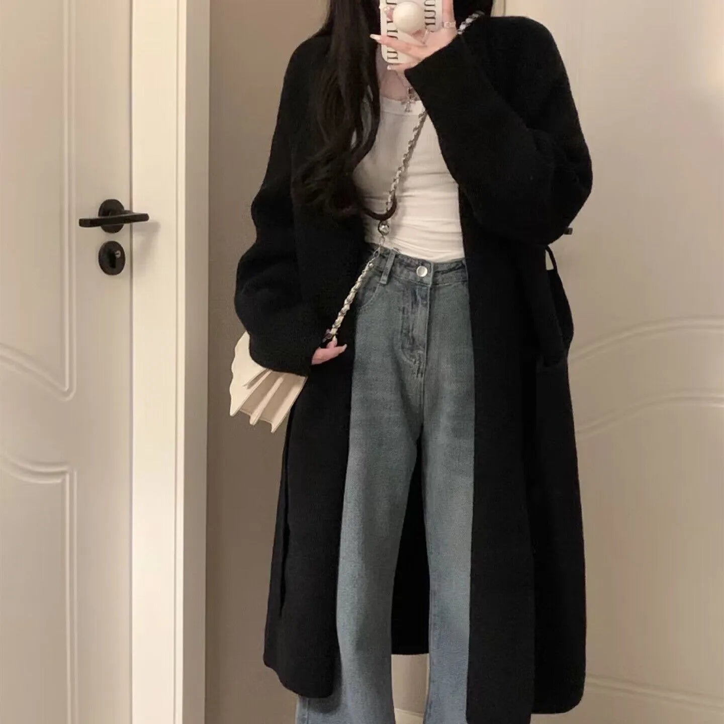 Women's loose dark gray knitted cardigan with 3D pattern and long sleeves