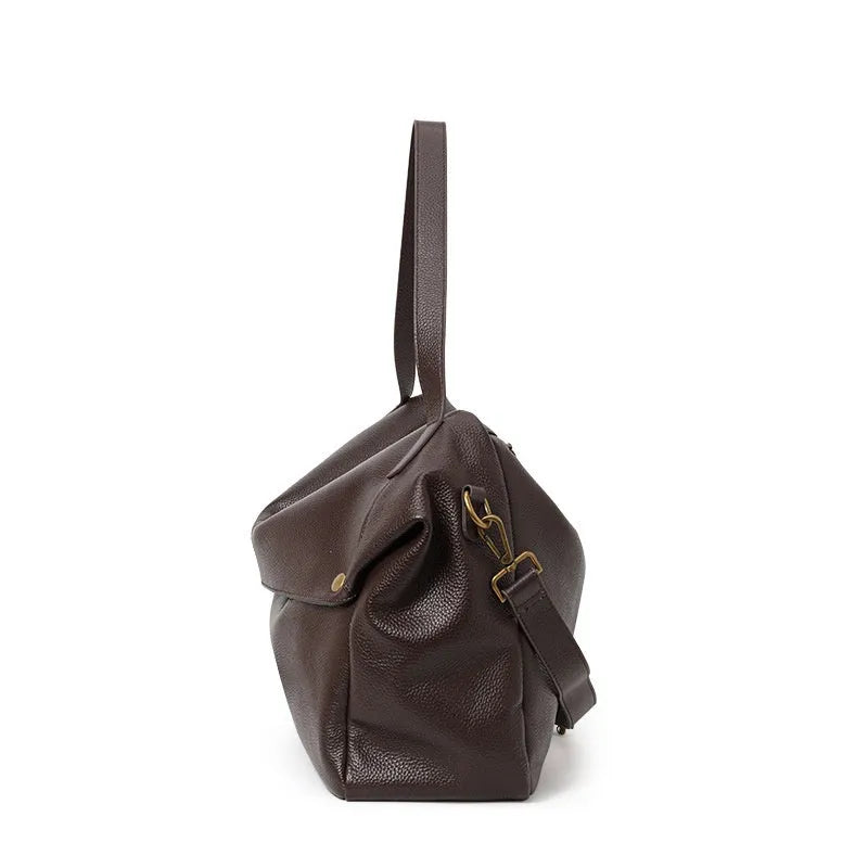 Brown genuine leather women's shoulder bag with horizontal square shape and shoulder strap